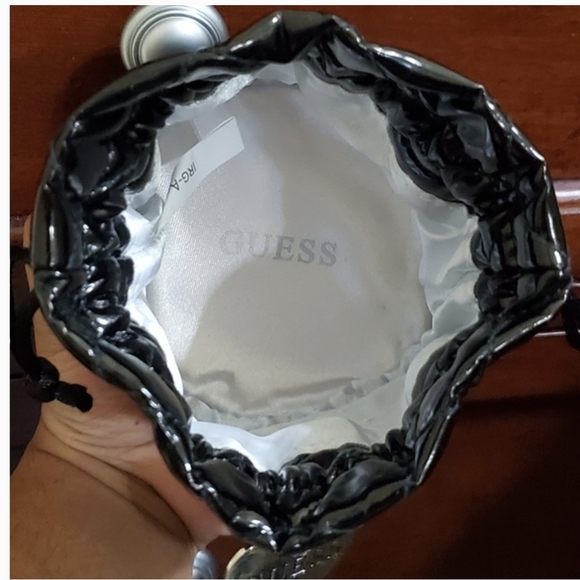 2 Guess Black Quilted Faux Leather Pleather Silver Heart Drawstring mini Bag - Picture 11 of 14